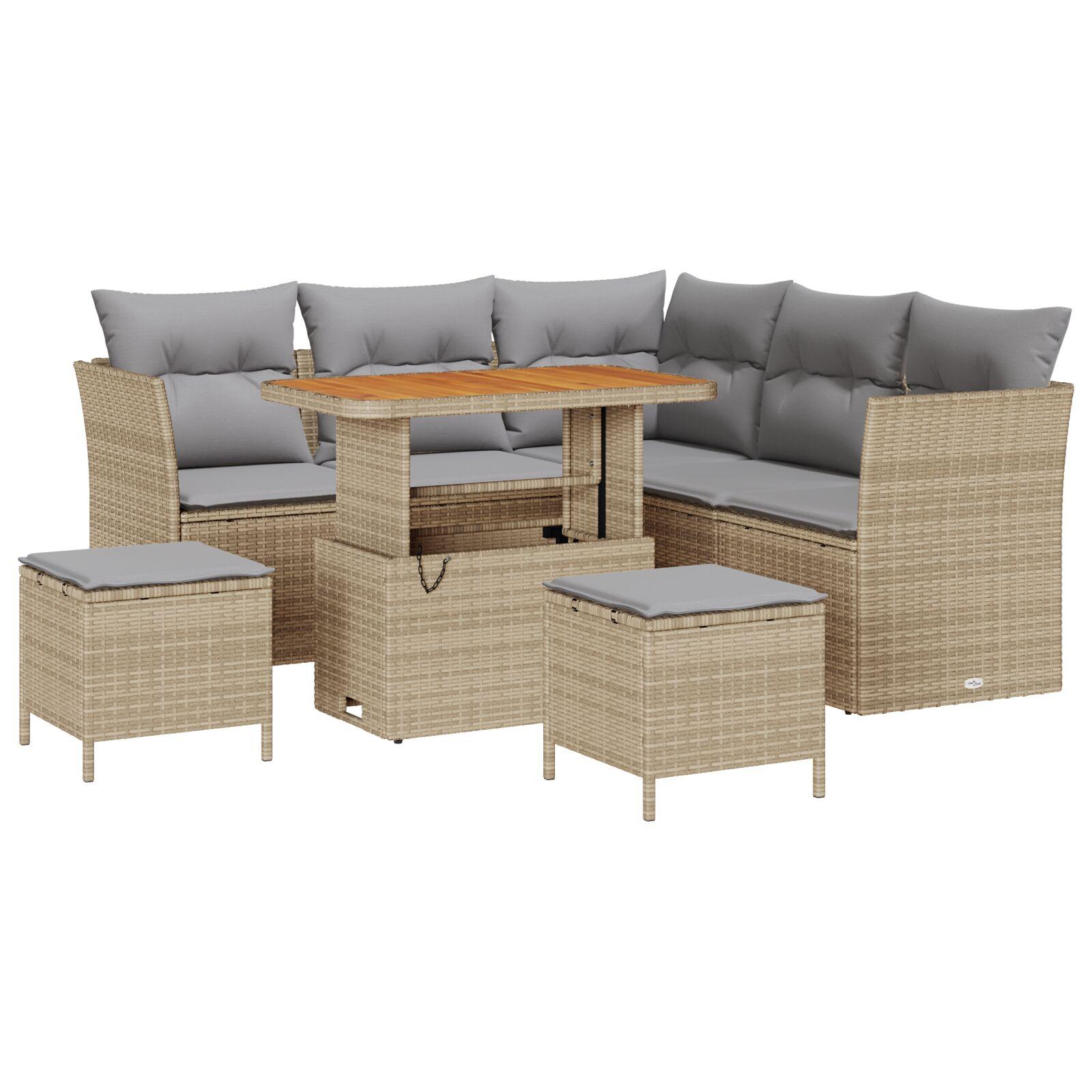 Havesofa sæt i beige polyrattan - 8 dele, modulært med justerbart bord