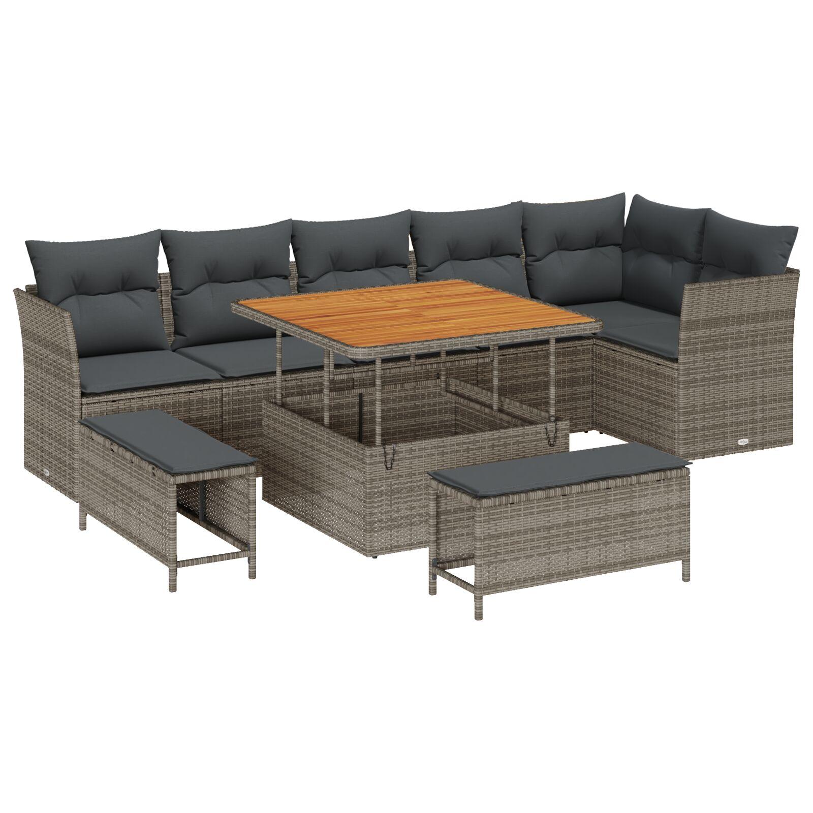 Havesofa Sæt 9 Dele Polyrattan - Grå / Mørkegrå / 100 cm bordlængde