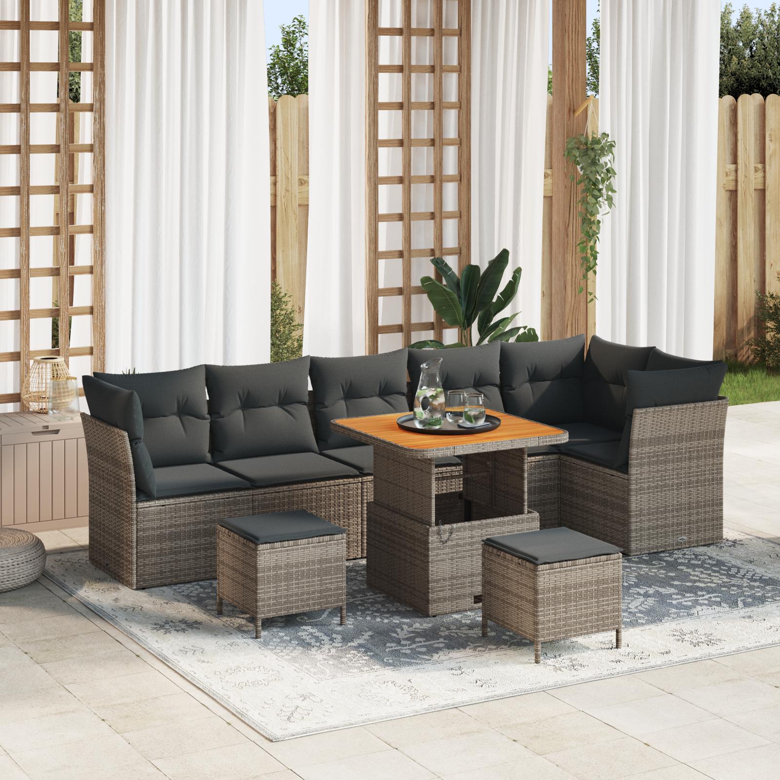 Havesofa Sæt 9 Dele Polyrattan - Grå / Mørkegrå / 80 cm bordlængde
