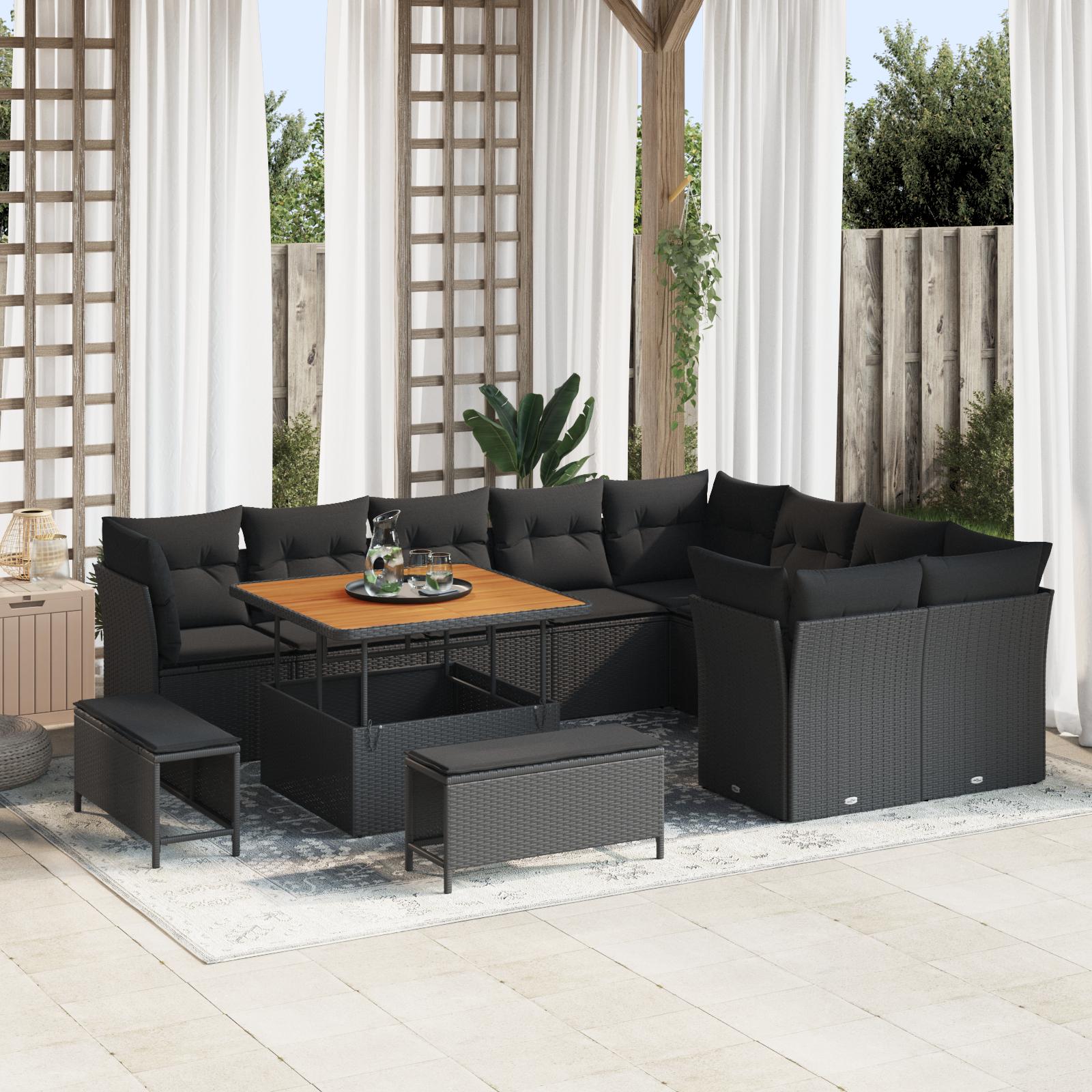 Havesofa Sæt 12 Dele Polyrattan - Sort / Sort / 100 cm bordlængde