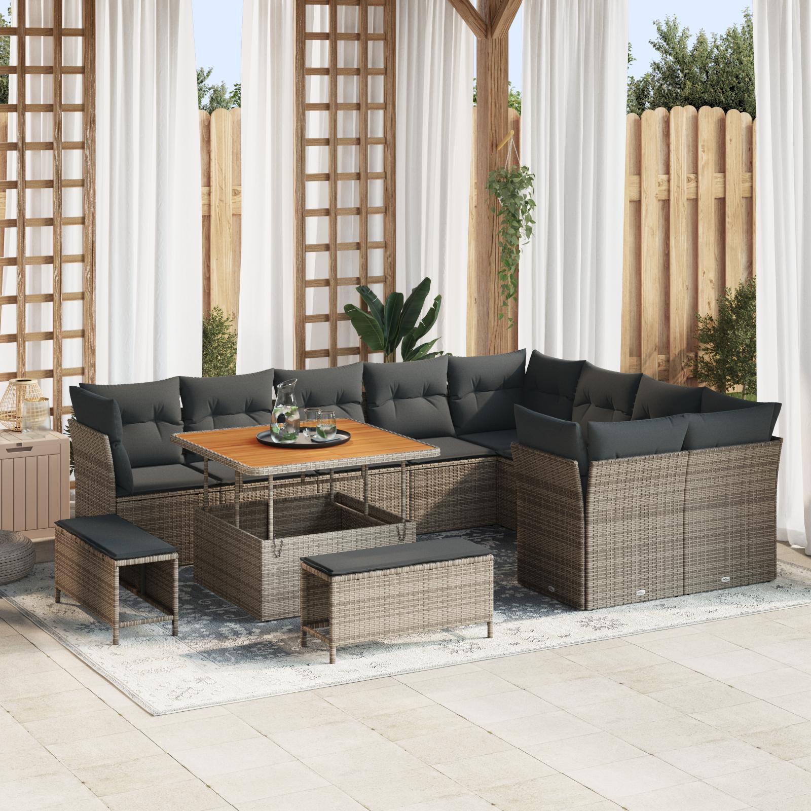 Havesofa Sæt 12 Dele Polyrattan - Grå / Mørkegrå / 100 cm bordlængde