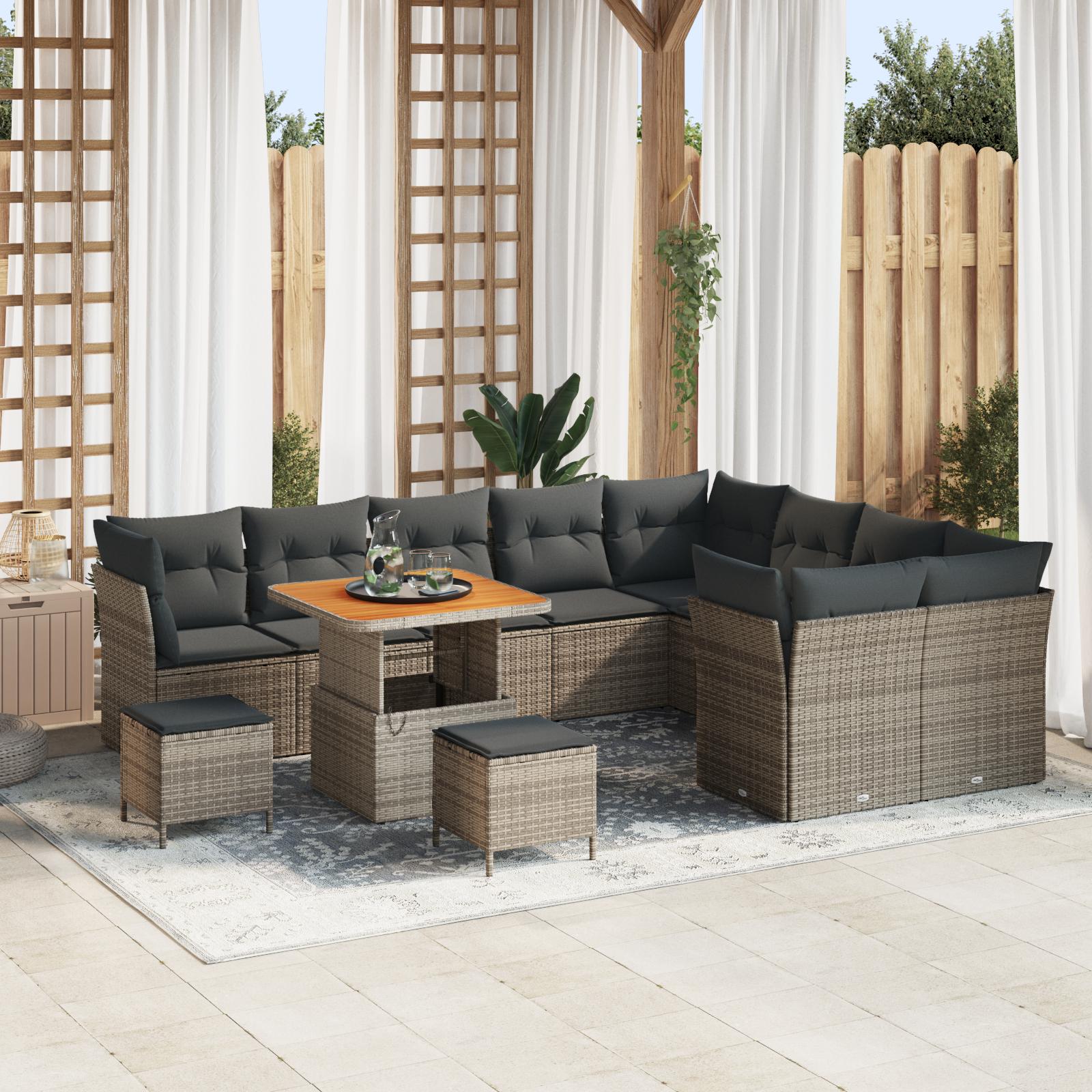 Havesofa sæt i grå polyrattan - 12 dele, modulopbygget loungesæt til terrasse og have