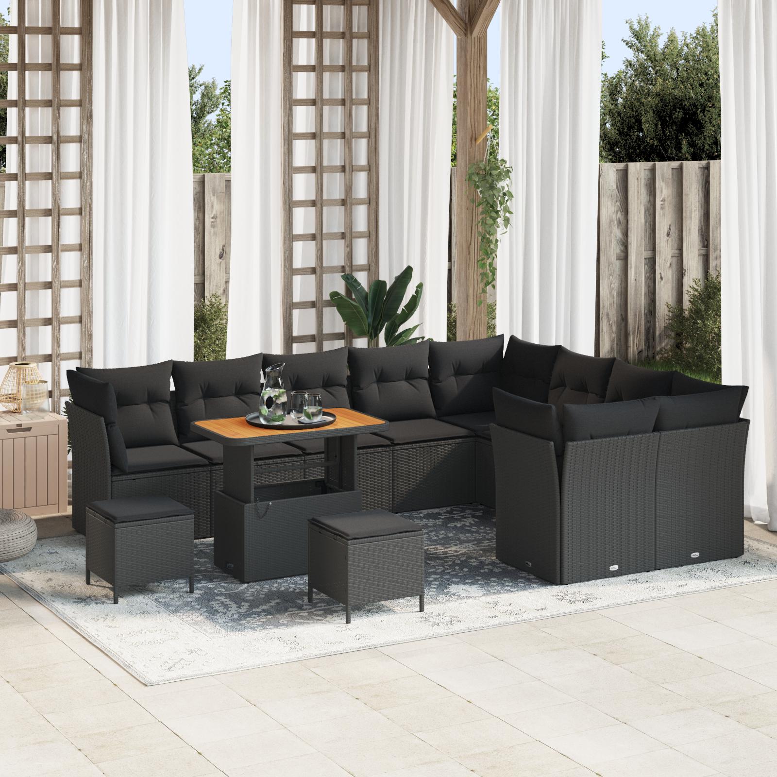12-delt Have Sofa Sæt Med Puder Sort Poly Rattan Akacietræ 3-delt Have Spisebord Sæt Med Puder Sort Poly Rattan Akacietræ