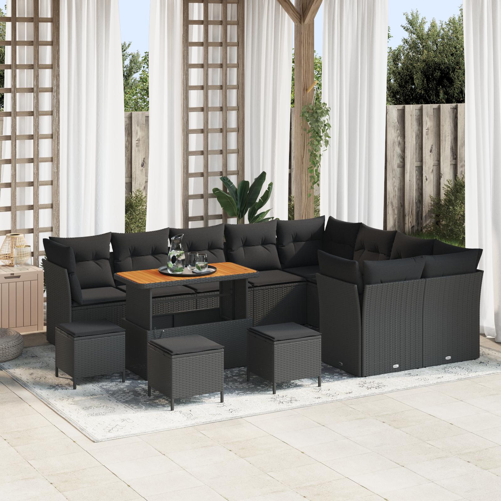 Havesofa Sæt 12 Dele Polyrattan - Sort / Sort / 110 cm bordlængde