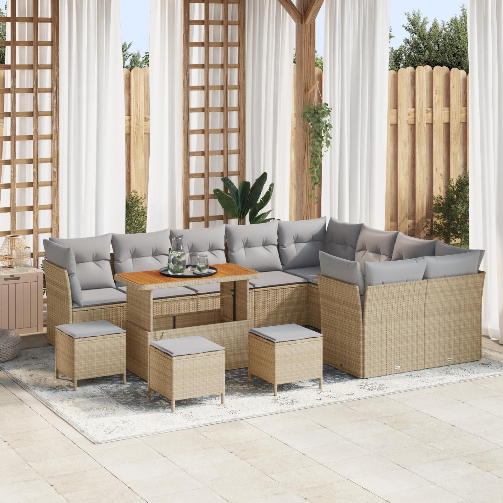 Havesofa Sæt 12 Dele Polyrattan - Beige / Lysegrå / 110 cm bordlængde