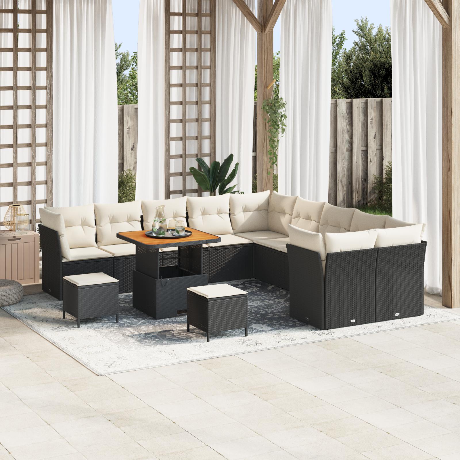 Havesofa sæt i sort polyrattan - 13 dele, modulært loungesæt til terrasse og have