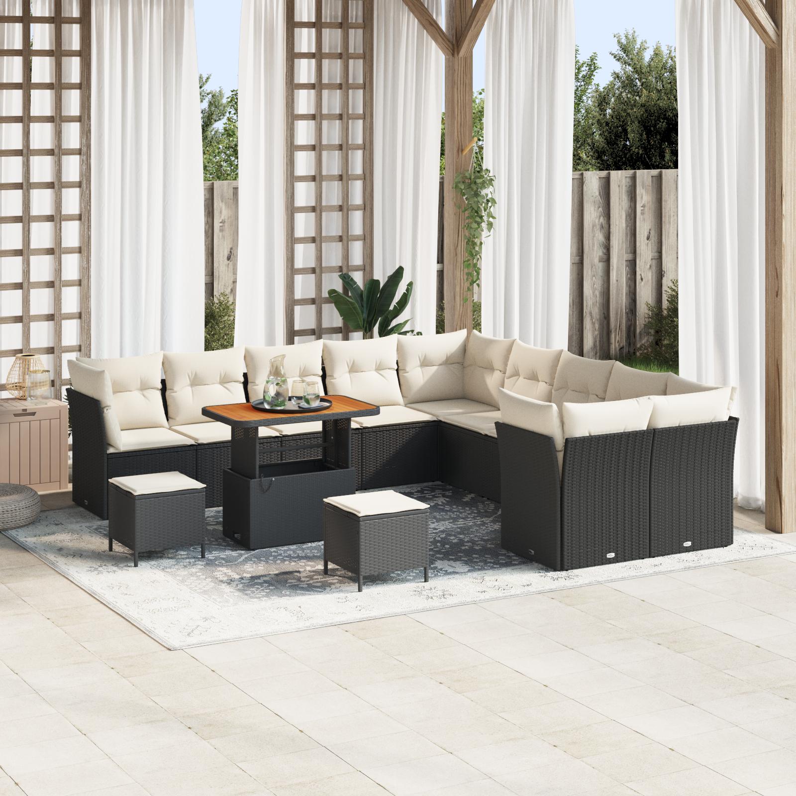 Havesofa sæt i sort polyrattan - 13 dele, modulært loungesæt til terrasse og have