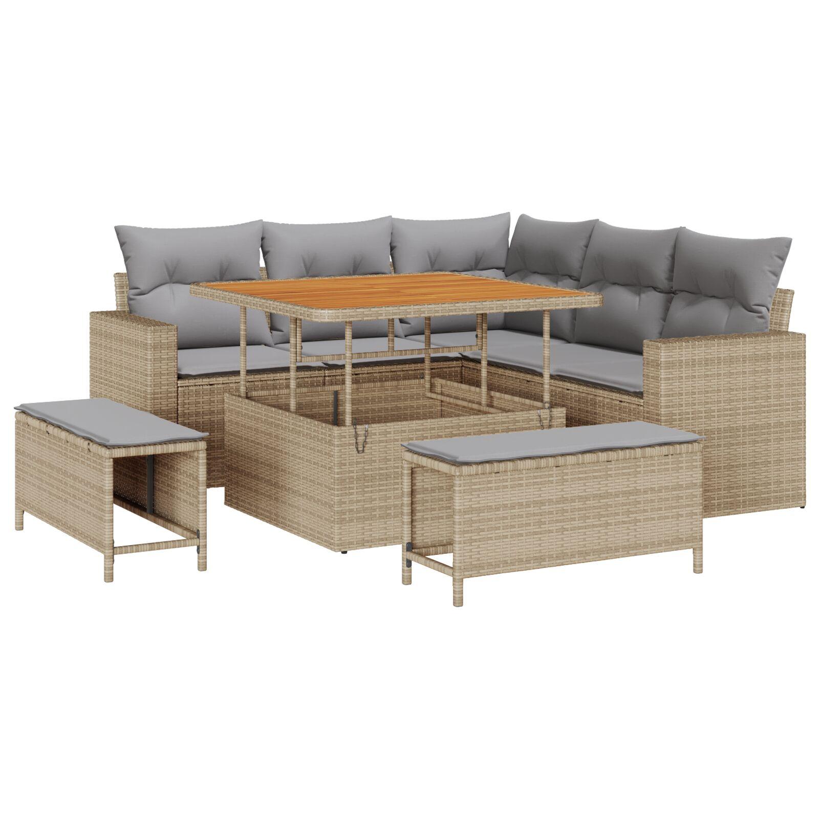 Havesofa sæt i beige polyrattan - 8 dele, modulært med hæve/sænkebord