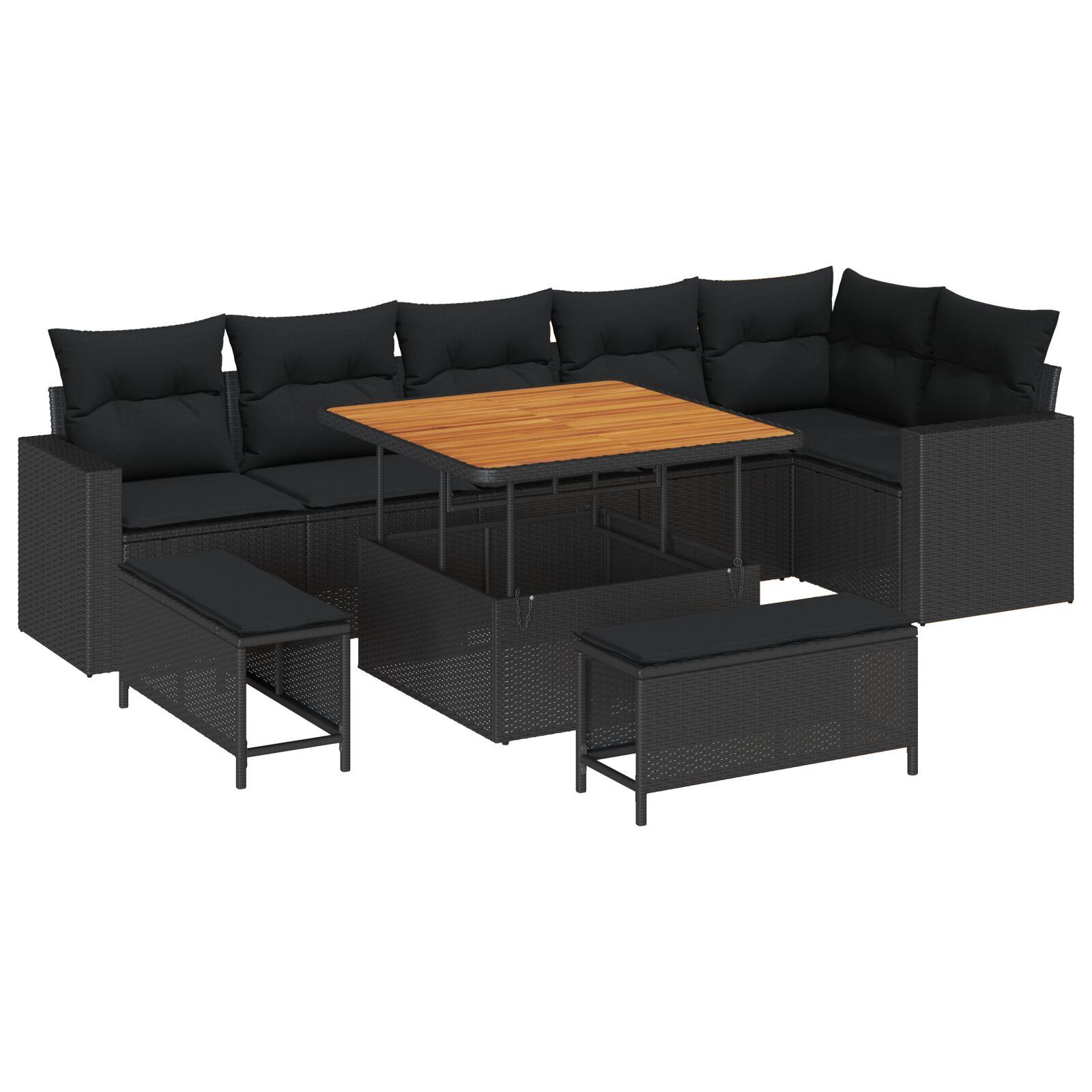 Havesofa sæt i sort polyrattan - 9 dele, modulært loungesæt med justerbart bord