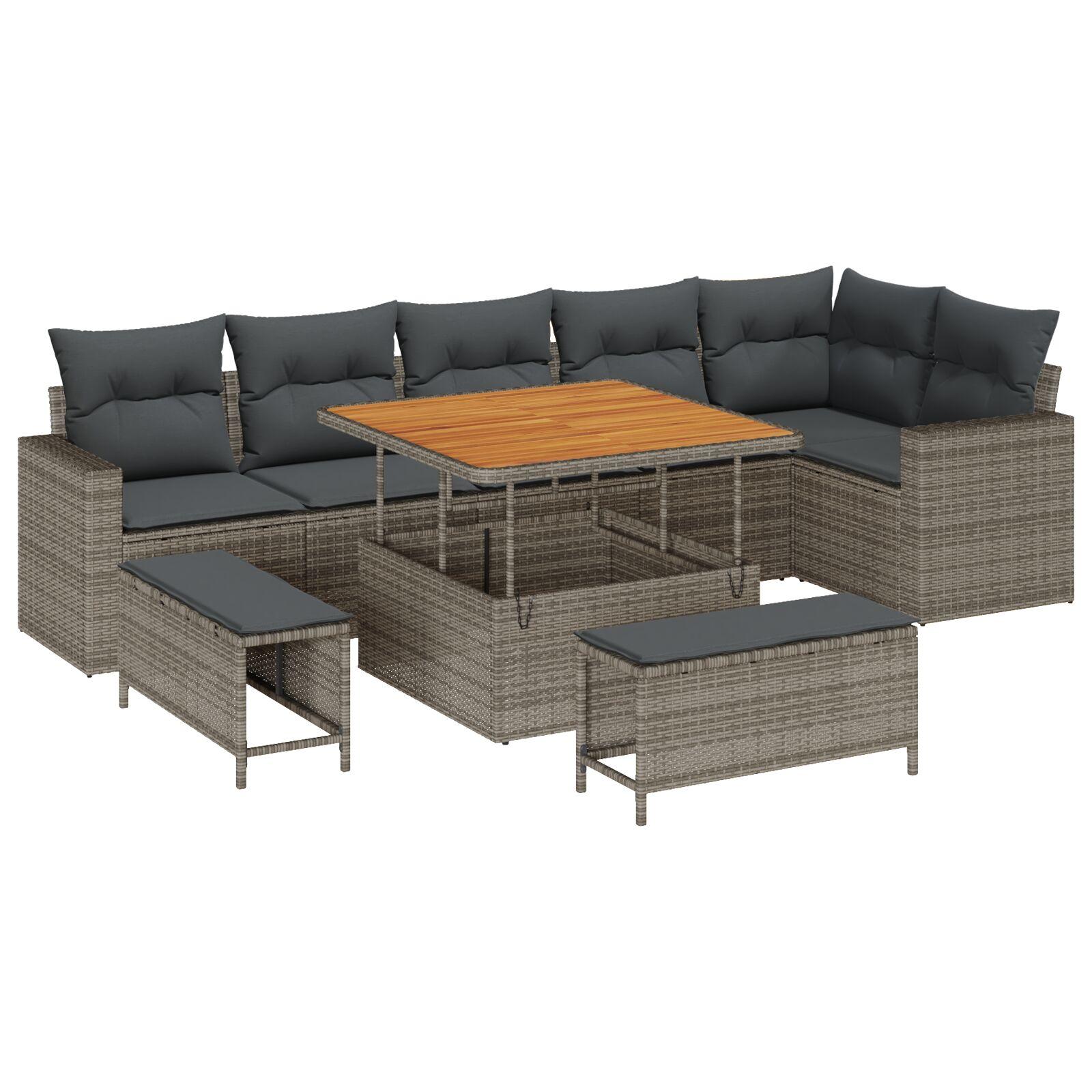 Havesofa sæt i grå polyrattan - 9 dele, modulært loungesæt til terrasse og have