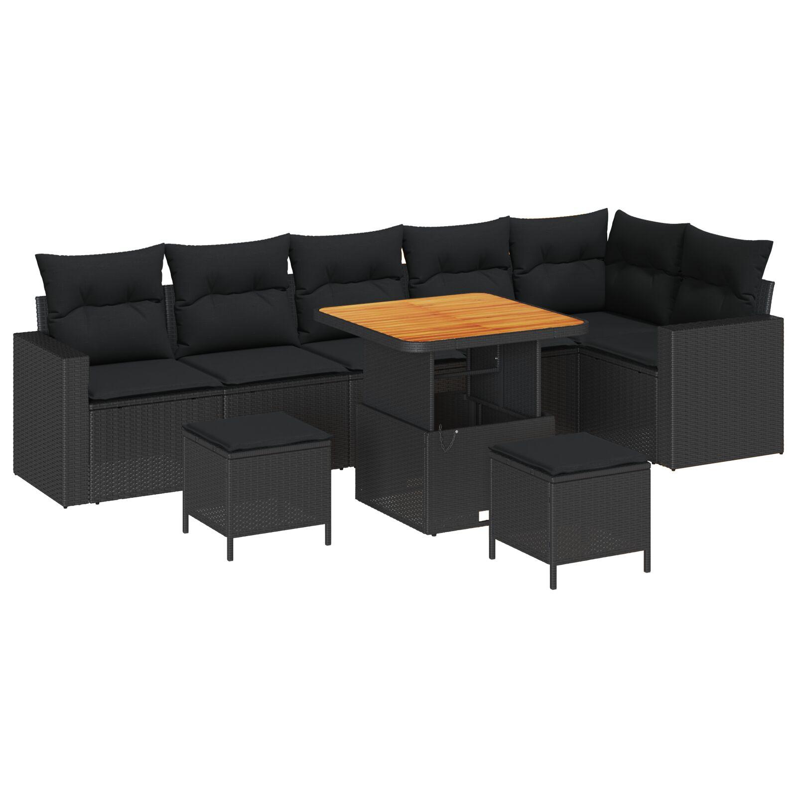 Havesofa sæt i sort polyrattan - 9 dele, modulært loungesæt til terrasse og have