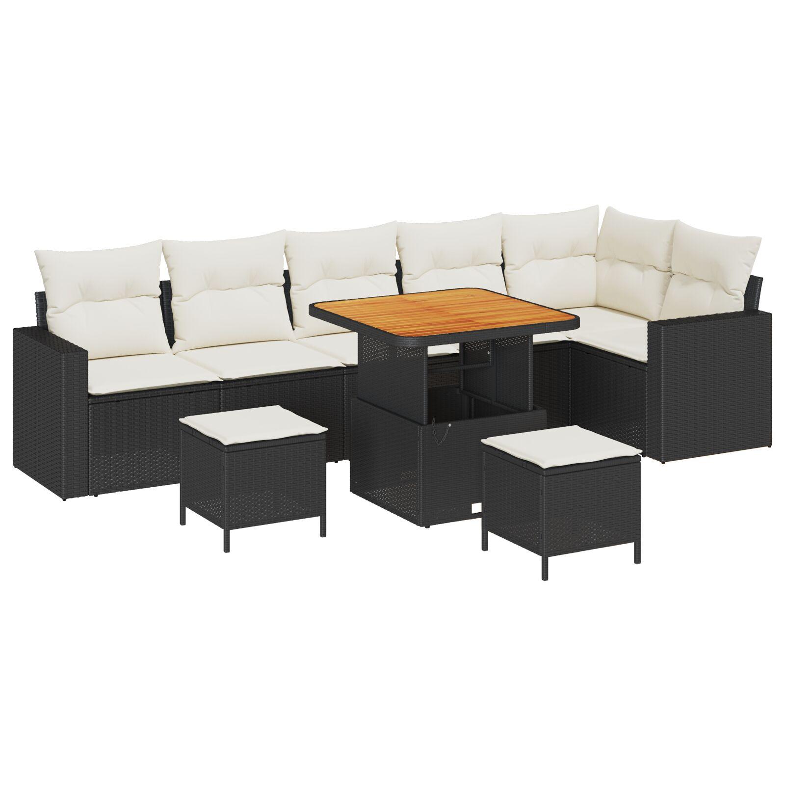 Havesofa sæt i sort polyrattan - 9 dele, modulært loungemøbelsæt til terrasse og have