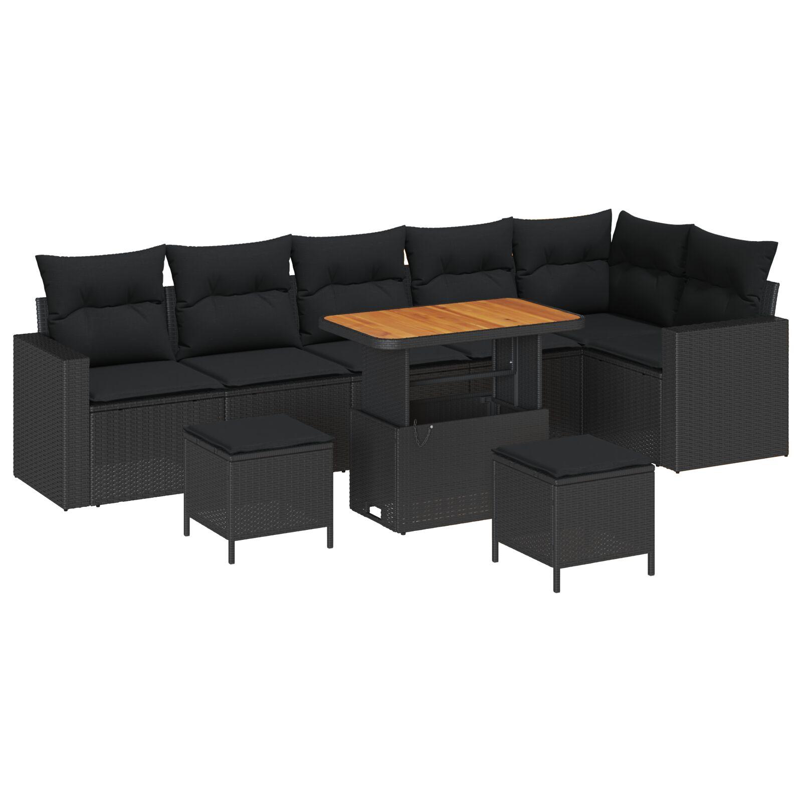 Havesofa sæt i sort polyrattan - 9 dele, modulært loungesæt med justerbart bord