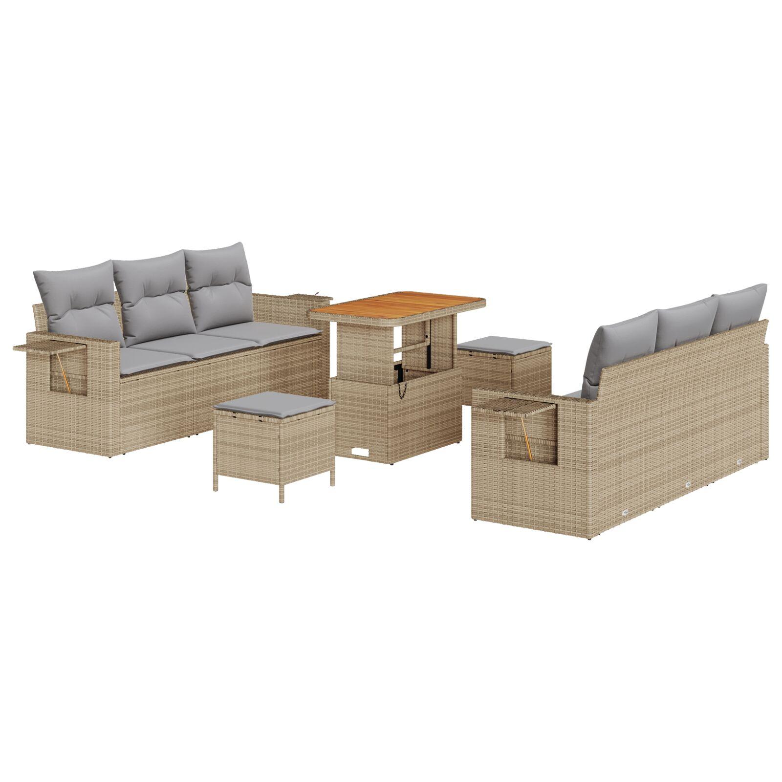Havesofa sæt med puder - 9 dele i beige polyrattan, modulært loungesæt