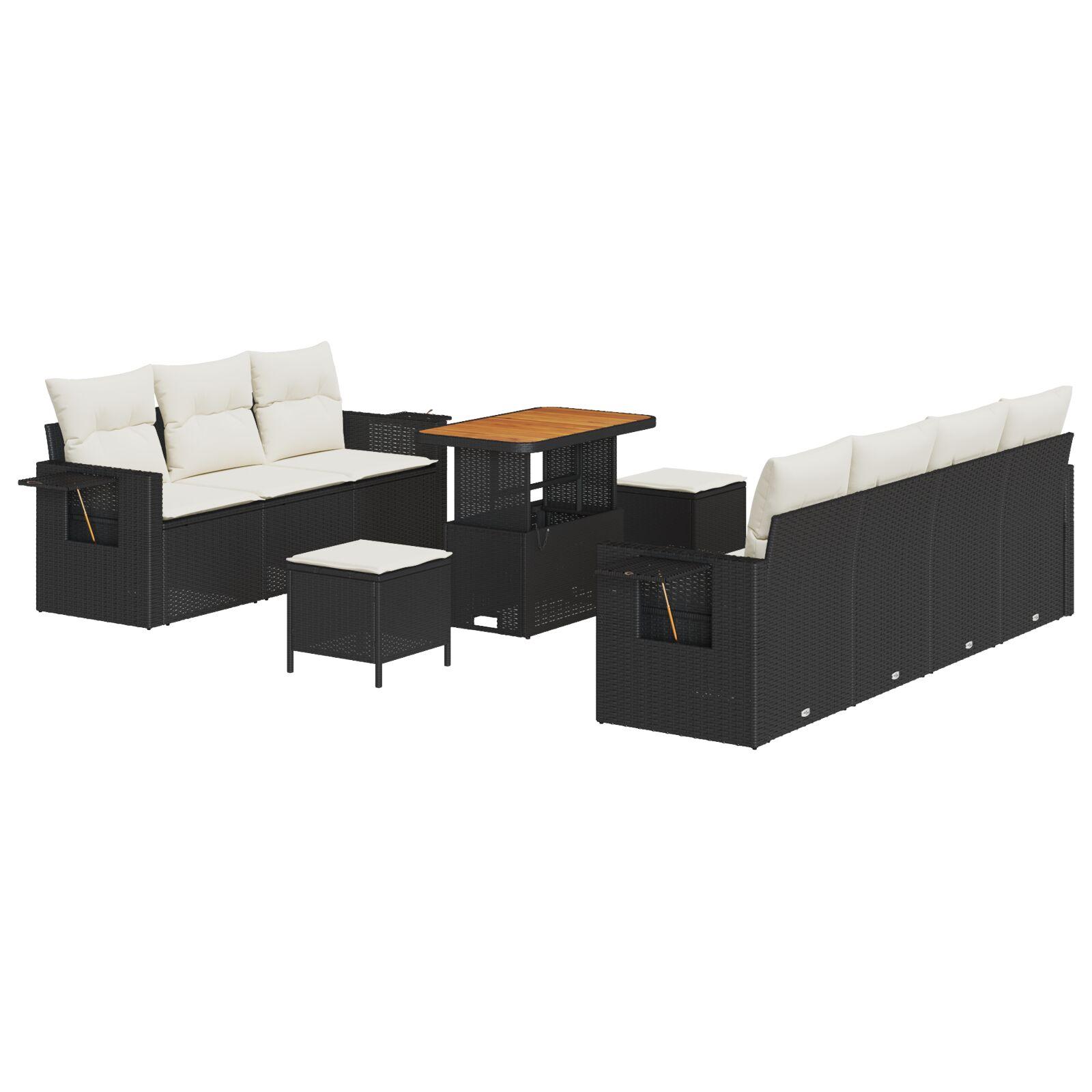 Havesofa-sæt i sort polyrattan med puder - 10 dele, modulært med højdejusterbart bord