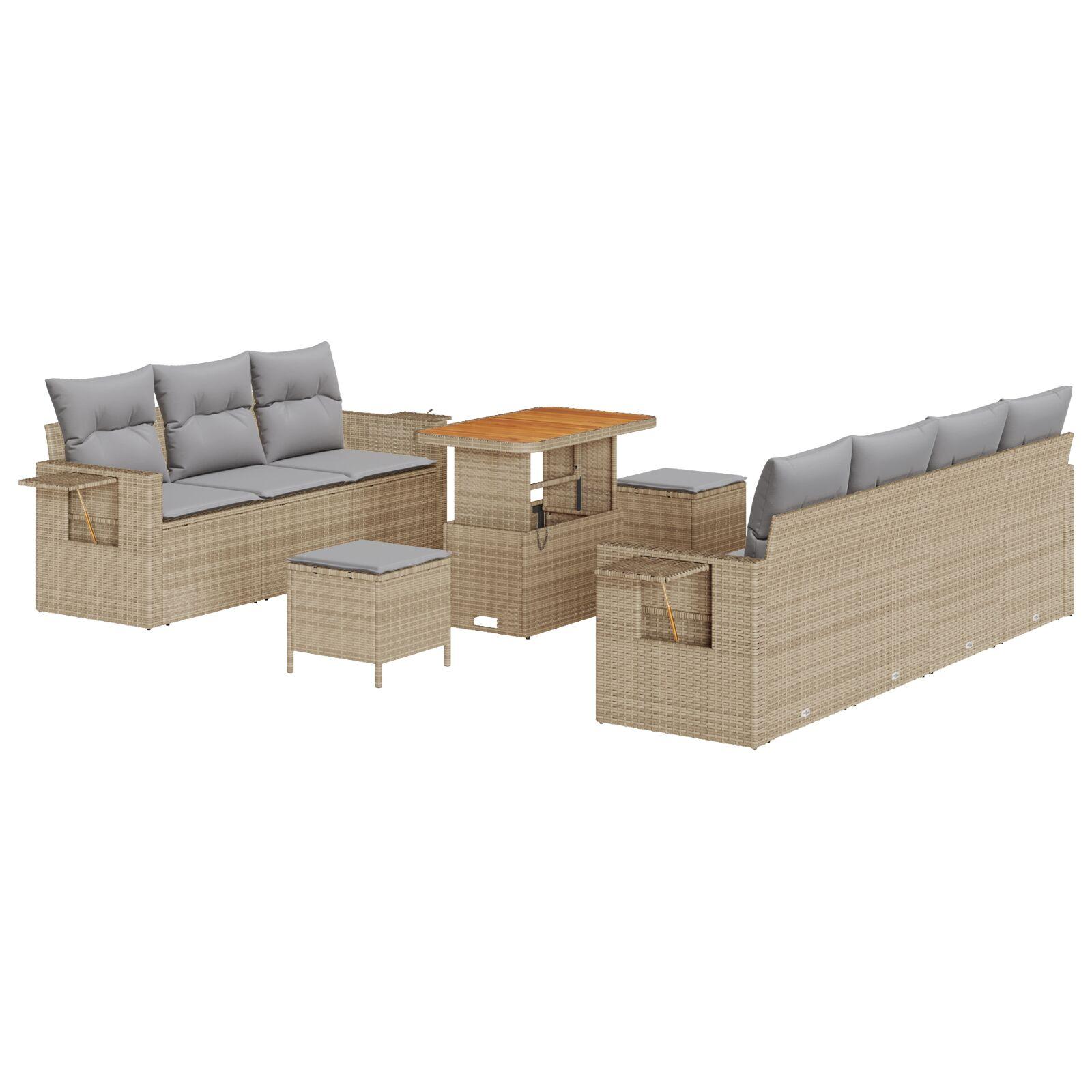 Havesofa sæt 10 dele i beige polyrattan - modulært loungesæt med højdejusterbart bord