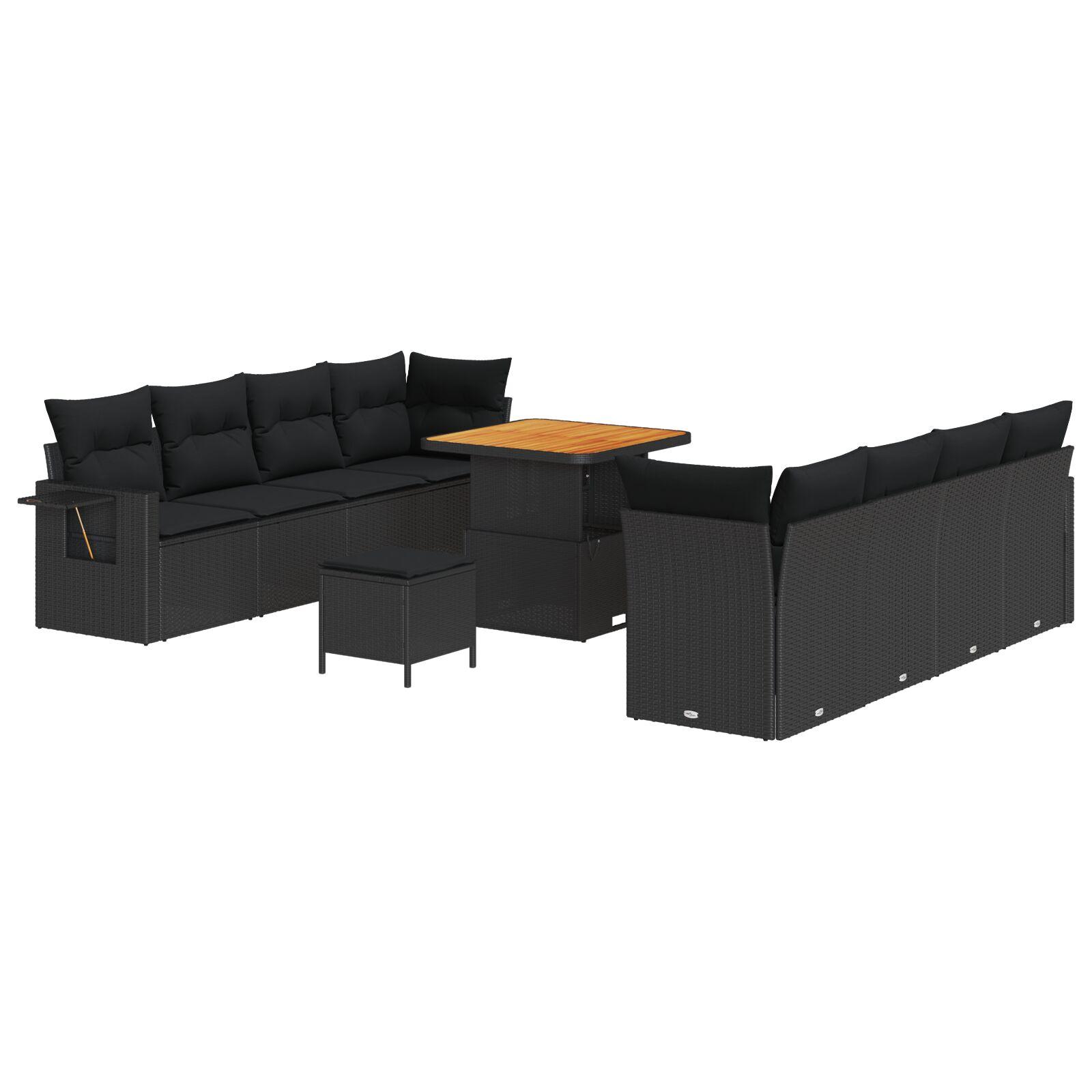 Havesofa sæt med opbevaring - 11 dele i sort polyrattan med justerbart bord
