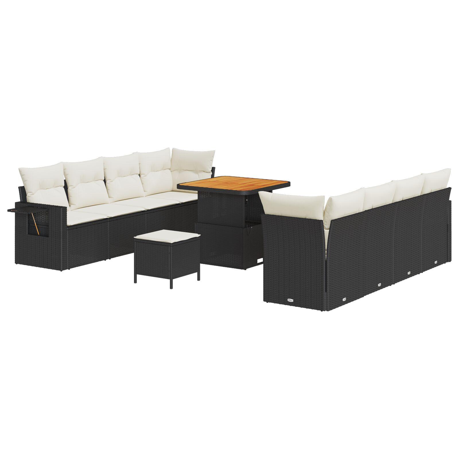 Havesofa-sæt med opbevaring, 11 dele - sort polyrattan med justerbart bord
