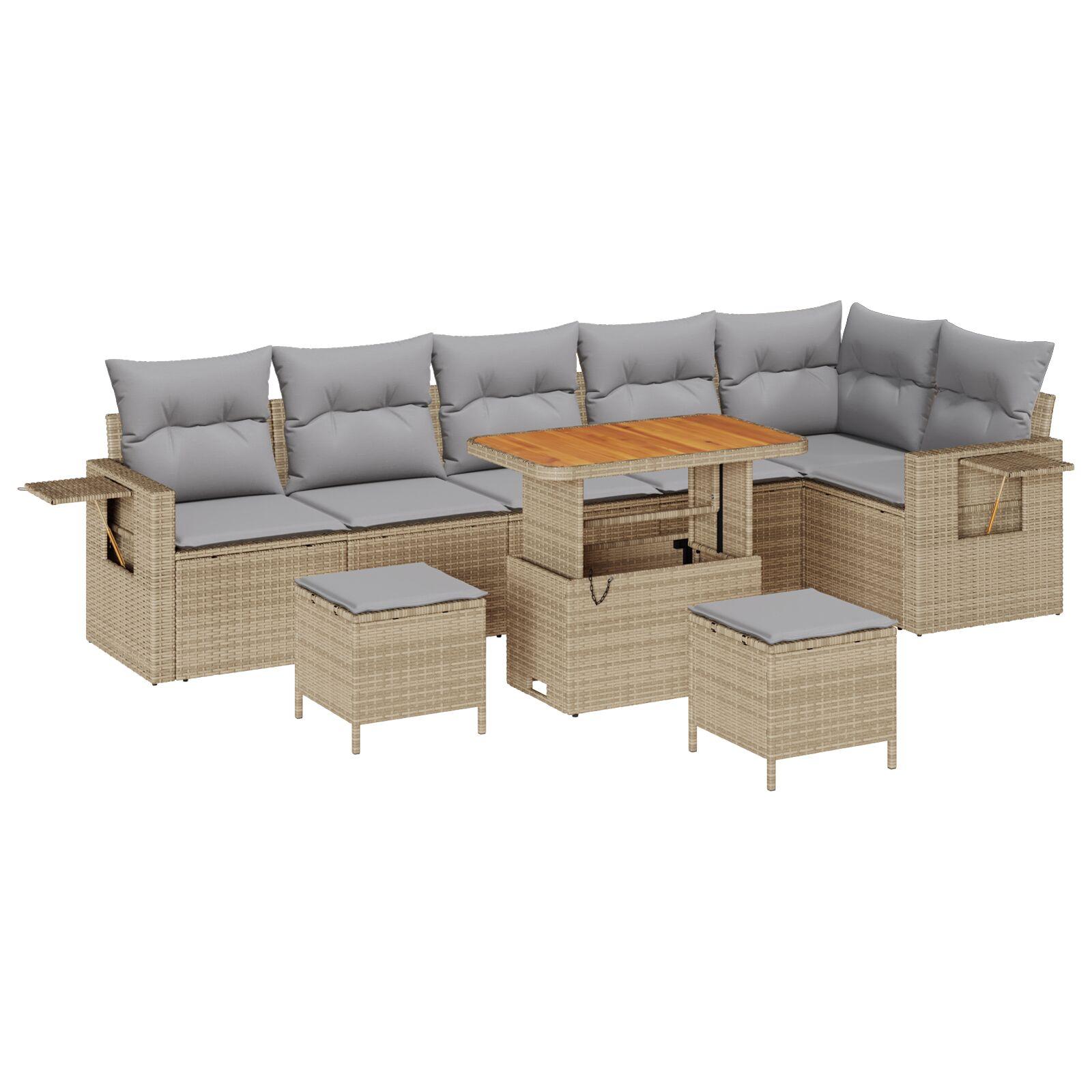 Havesofa sæt i beige polyrattan - 9 dele, modulært udendørs loungesæt til 8 personer