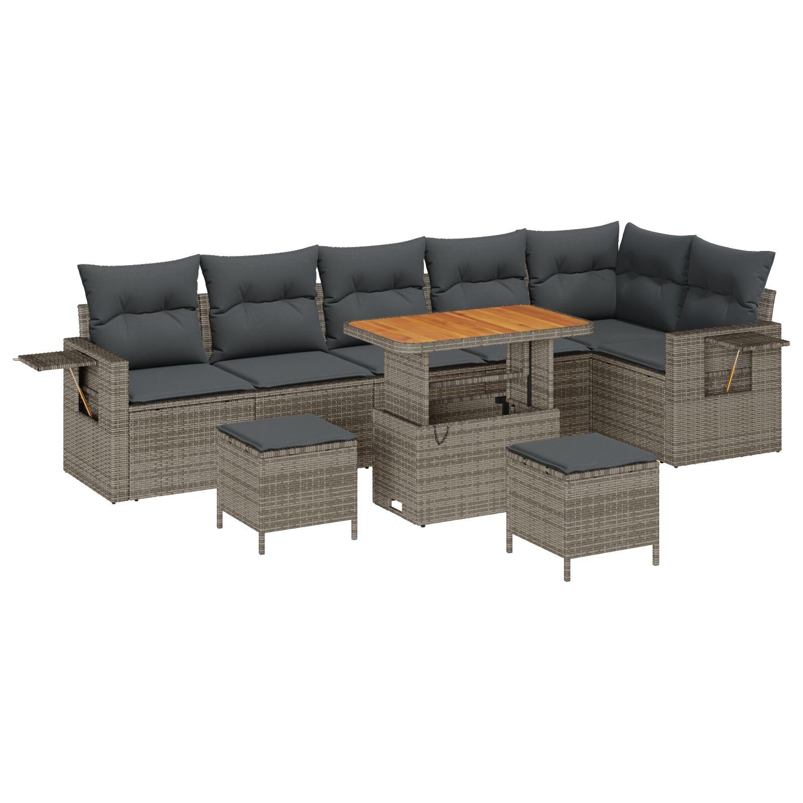 Havesofa Sæt 9 Dele Polyrattan - Grå / Mørkegrå / 90 cm bordlængde