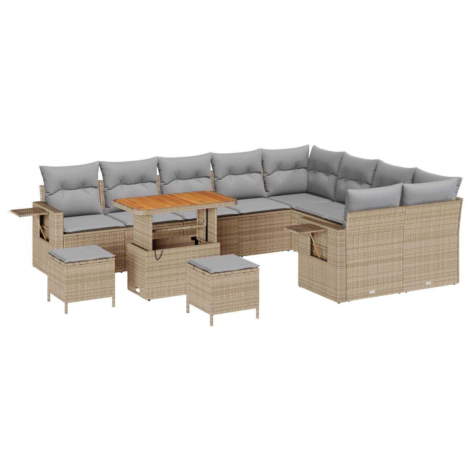 Havesofa sæt 12 dele i beige polyrattan - modulært loungesæt med justerbart bord