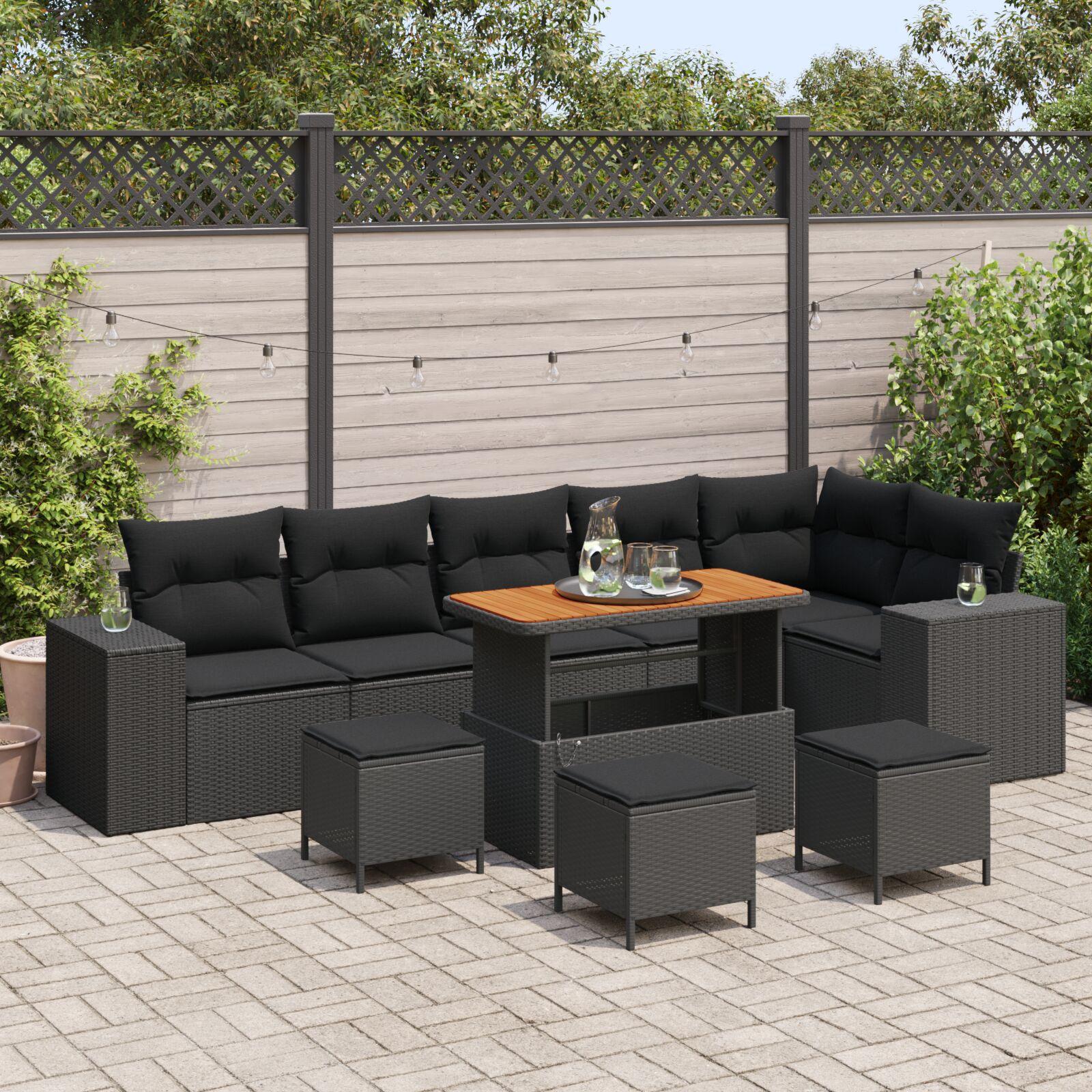 10 dele have sofa sæt med hynder sort poly rattan, 4 dele have spise sæt med hynder sort poly rattan