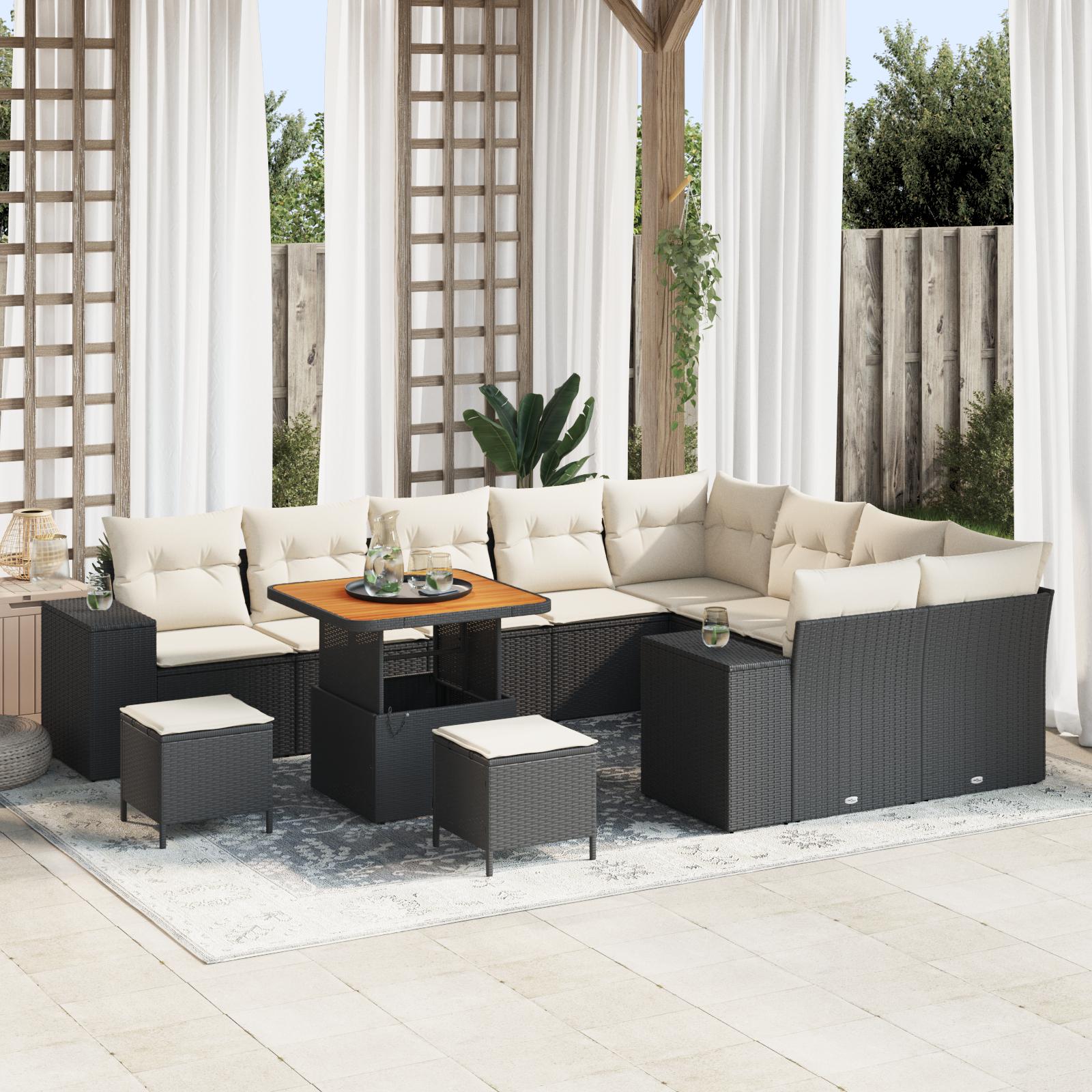 12-dels Have Sofa Sæt Med Puder Sort Poly Rattan Akacie 3-dels Have Spisesæt Med Puder Sort Poly Rattan Akacie