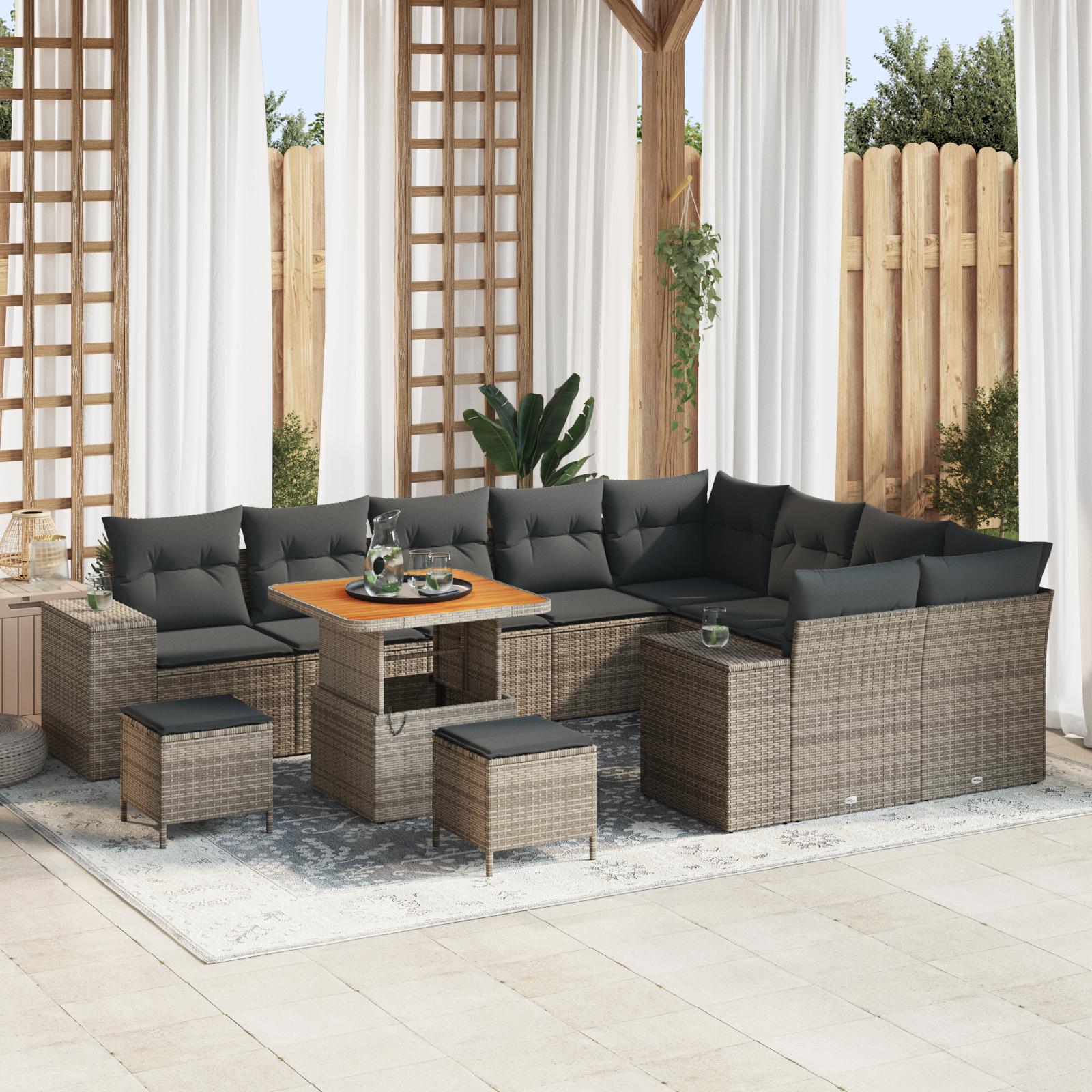 Havesofa-sæt i grå polyrattan - modulopbygget loungesæt med 12 dele og højdejusterbart bord