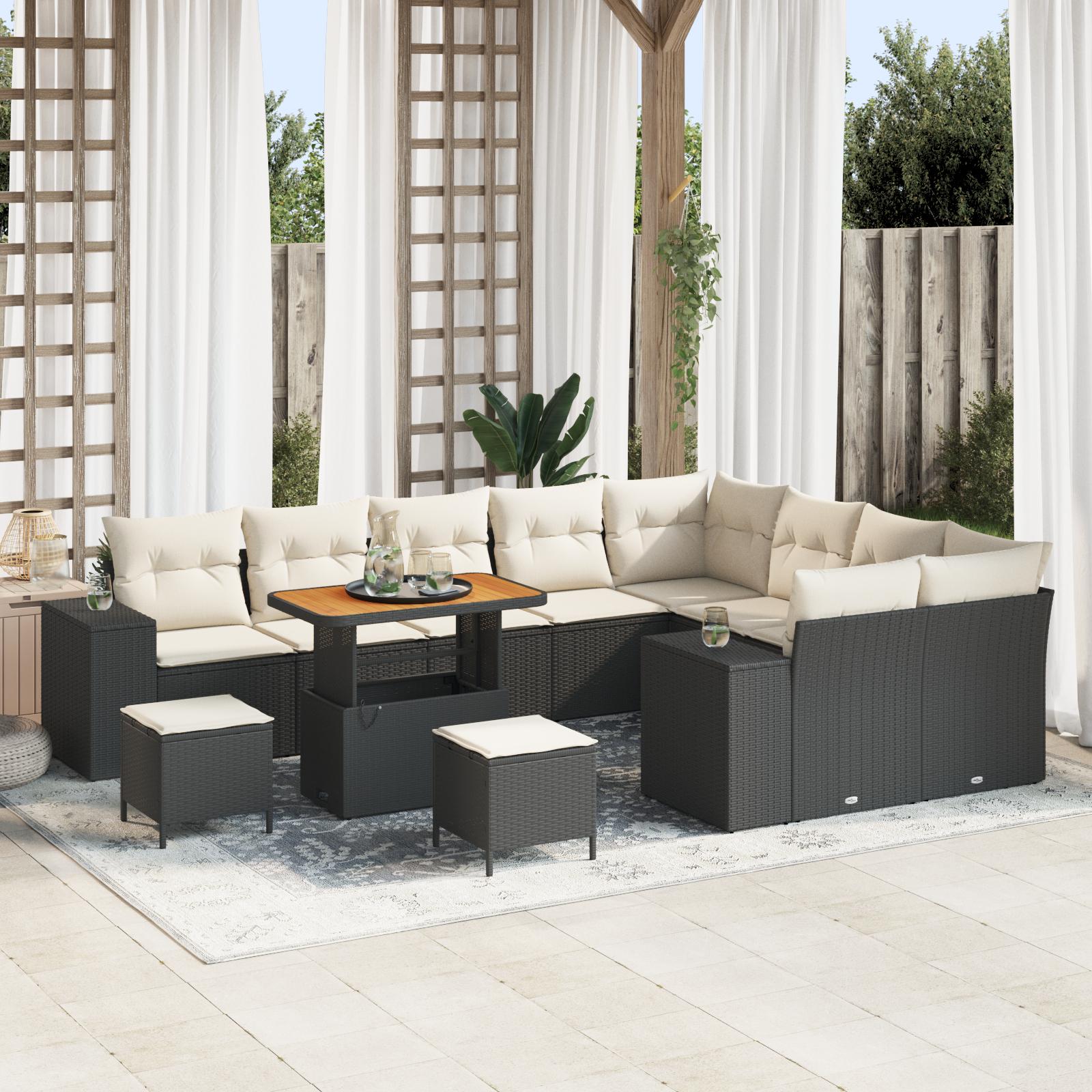Havesofa-sæt i sort polyrattan med puder - 12 dele, modulært loungesæt til terrasse og have