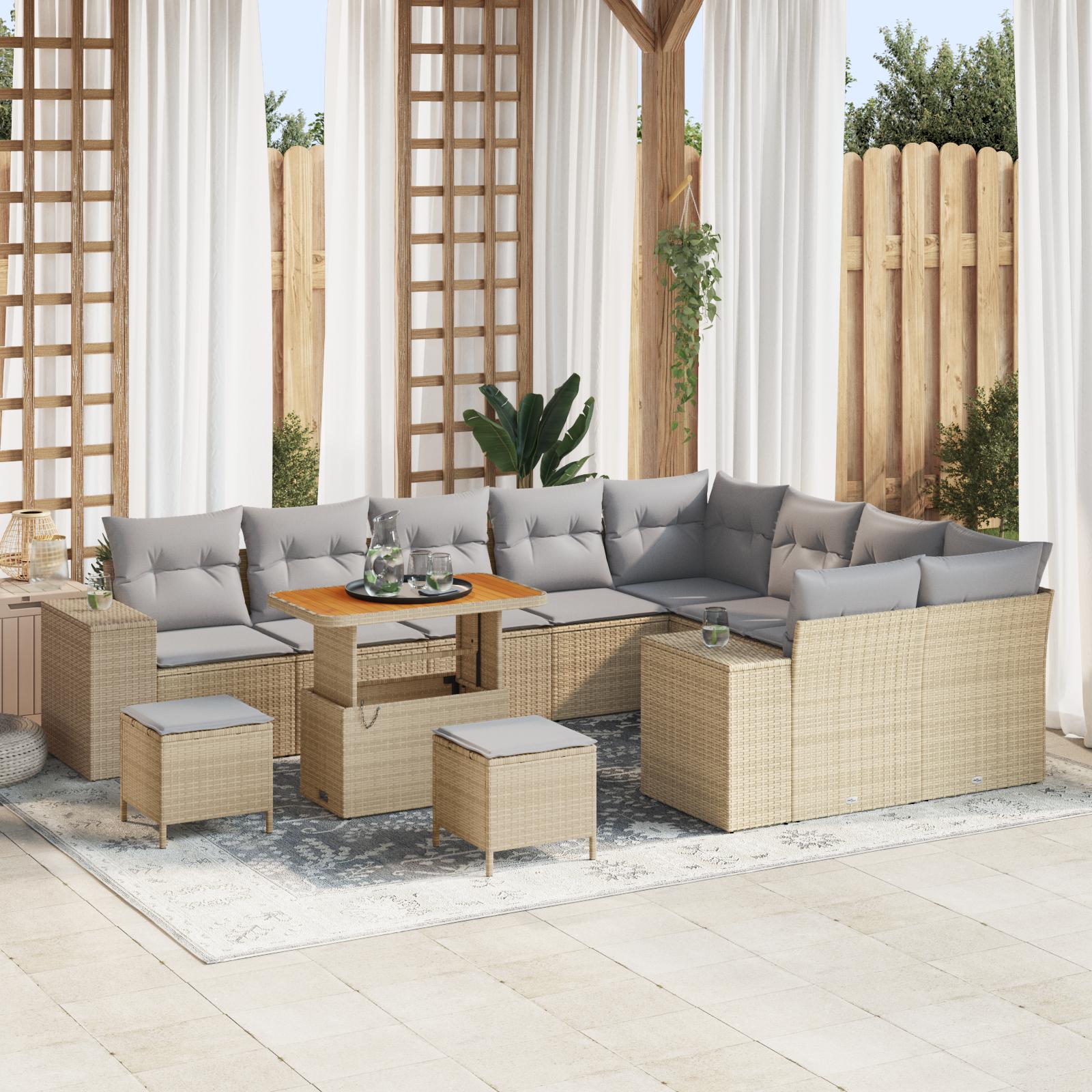 Modulært havesofasæt med puder - 12 dele, beige polyrattan