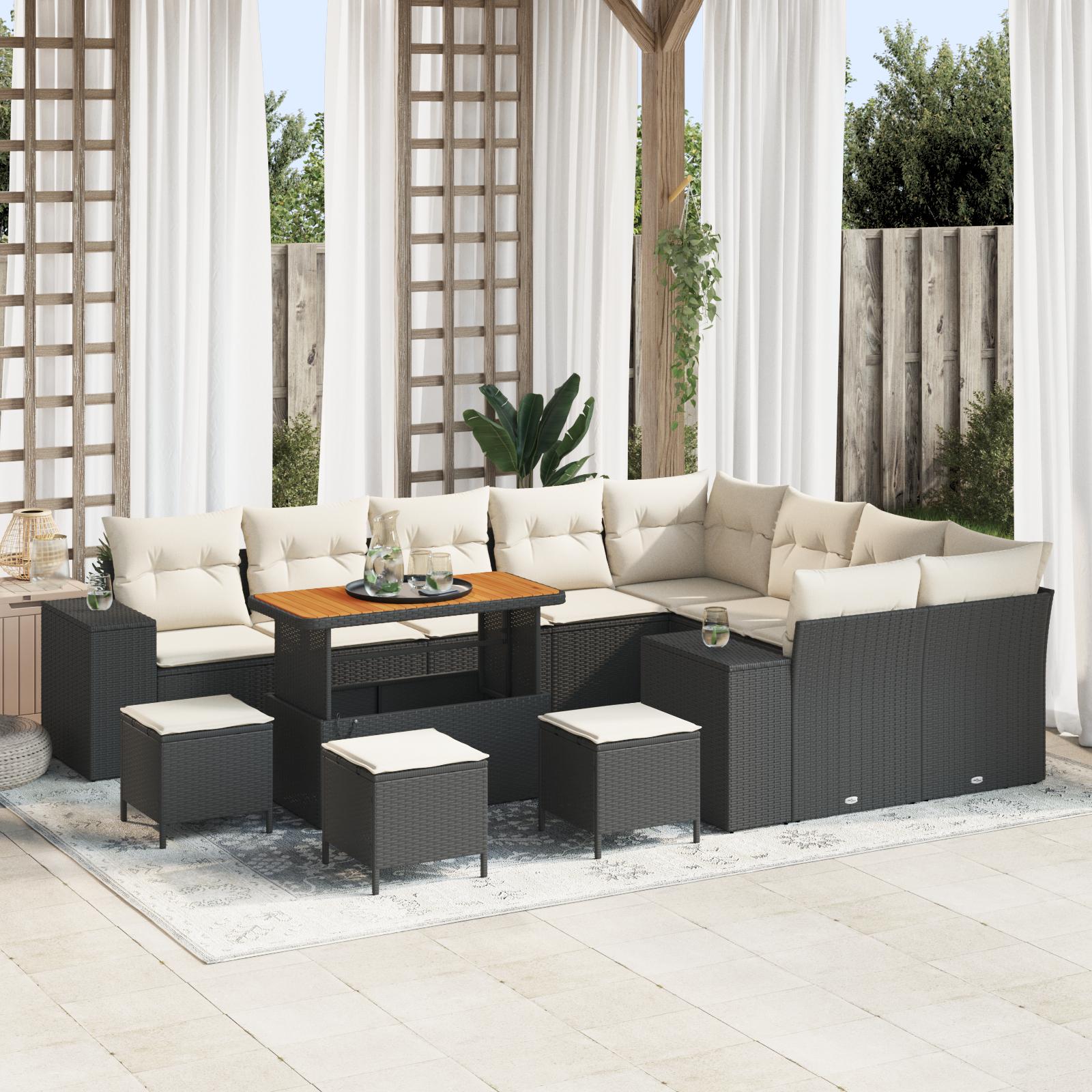Havesofa-sæt i sort polyrattan - modulopbygget loungesæt med puder, 13 dele