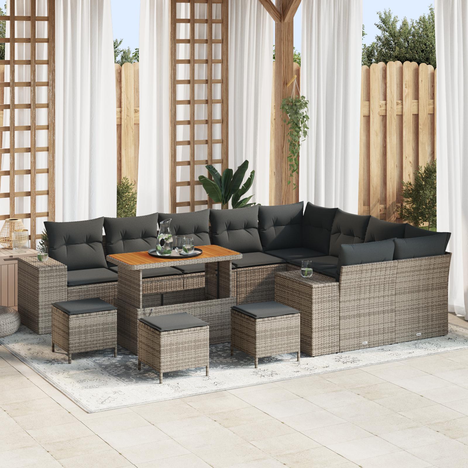 13 Stykker Have Sofa Sæt Med Pudebetræk Grå Poly Rattan Akacia 4 Stykker Have Spisesæt Med Pudebetræk Grå Poly Rattan Akacia