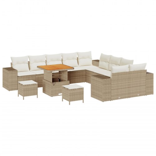 13 Styk Have Sofa Sæt med Puder Beige Poly Rattan Acacia, 3 Styk Have Spisesæt med Puder Beige Poly Rattan Acacia