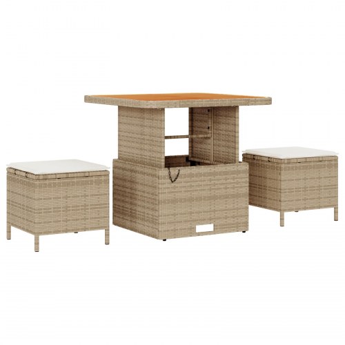 13 Styk Have Sofa Sæt med Puder Beige Poly Rattan Acacia, 3 Styk Have Spisesæt med Puder Beige Poly Rattan Acacia