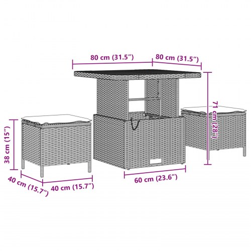 13 Styk Have Sofa Sæt med Puder Beige Poly Rattan Acacia, 3 Styk Have Spisesæt med Puder Beige Poly Rattan Acacia