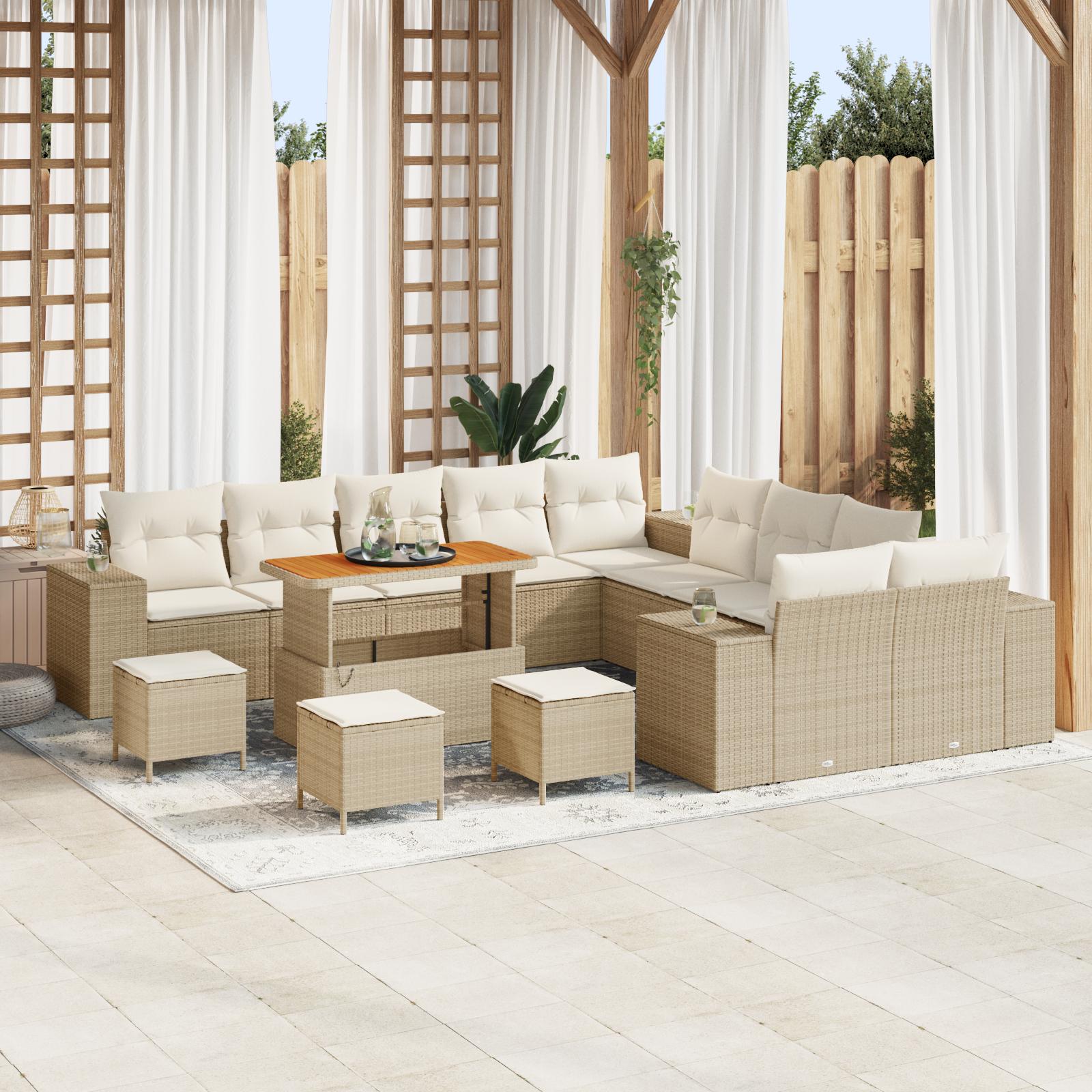 14-delt Have-sofa Sæt Med Puder Beige Poly Rattan Akacia 4-delt Have Spisebord Sæt Med Puder Beige Poly Rattan Akacia