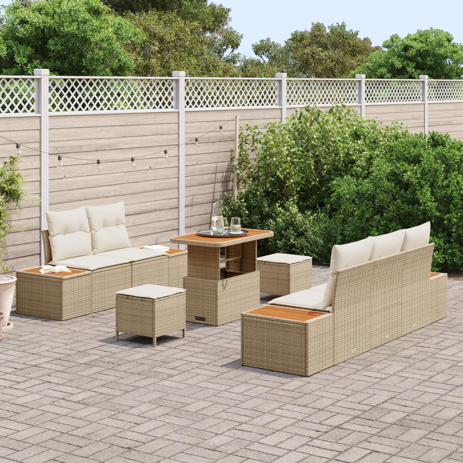 Havesofa sæt 8 stk i beige polyrattan med bord og hynder