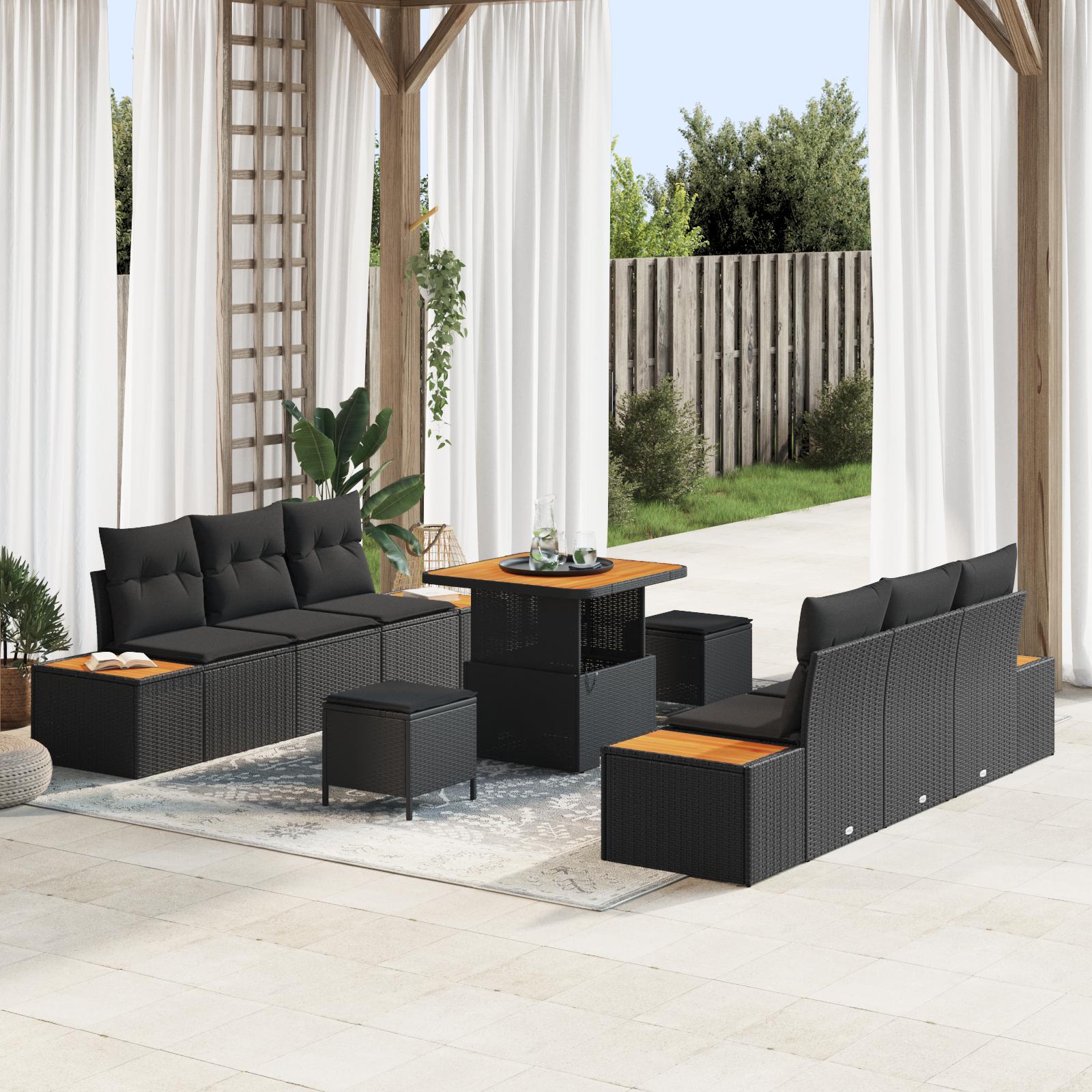Havesofa SÃ¦t med pude 9 stk Sort Poly rattan