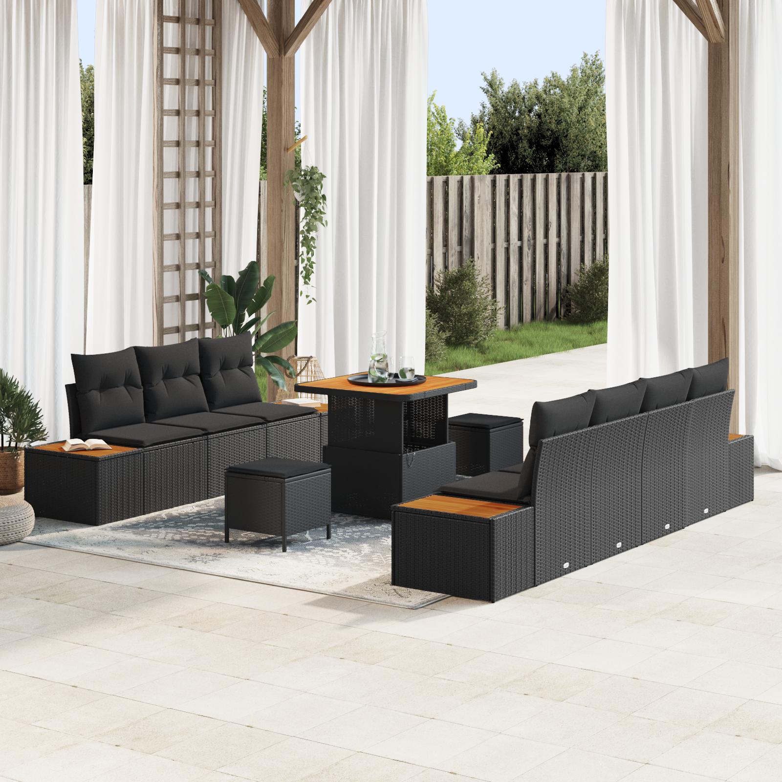 10 Stk Have Sofa Sæt Med Puder Sort Polyrattan Akacia 3 Stk Have Spisebord Sæt Med Puder Sort Polyrattan Akacia