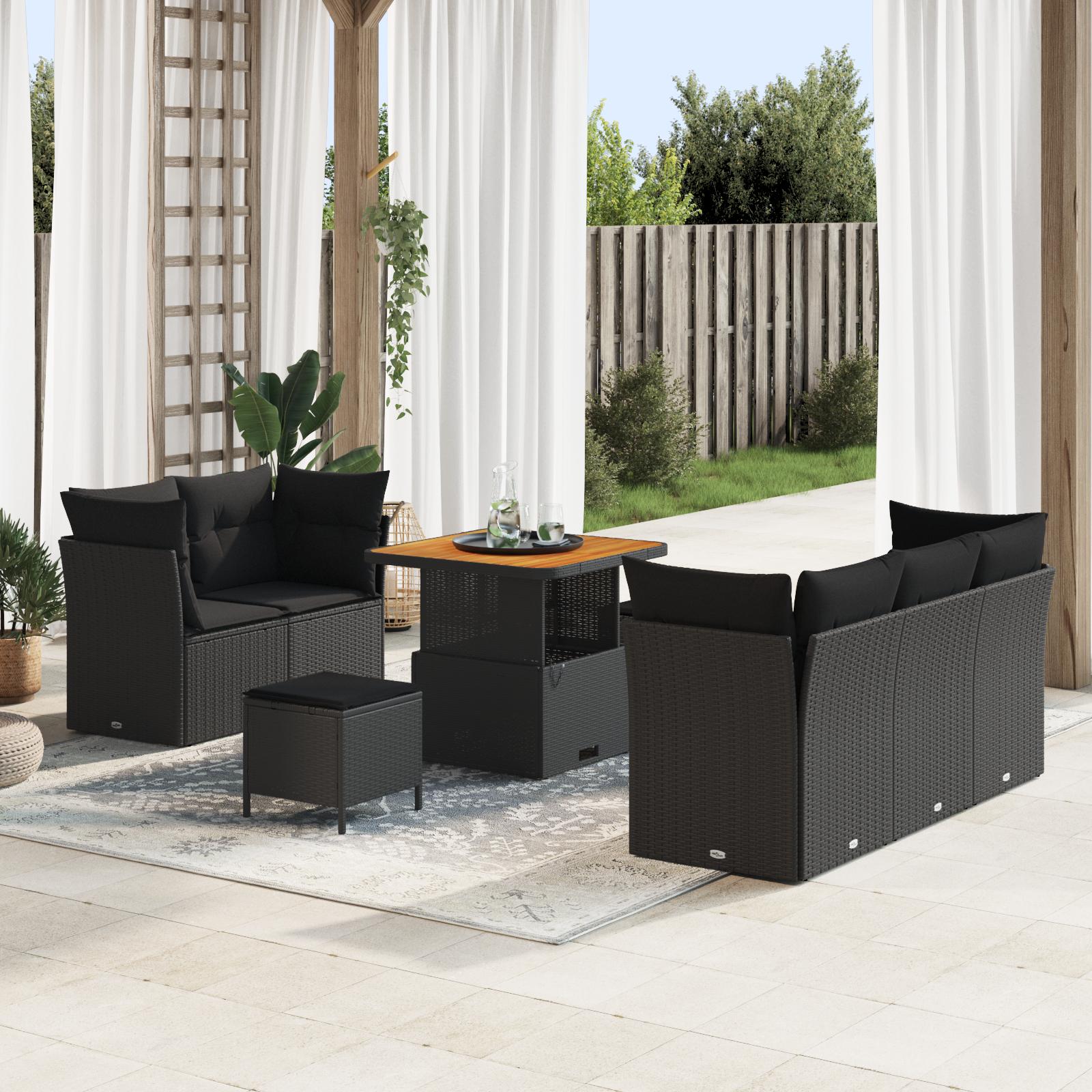 Havesofa Sæt med pude med opbevaring 8 stk Sort 80 x 80 x 71 cm