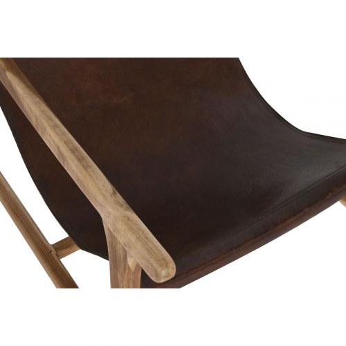 Lænestol i teak og mørkebrunt læder, 68 × 86 × 86 cm
