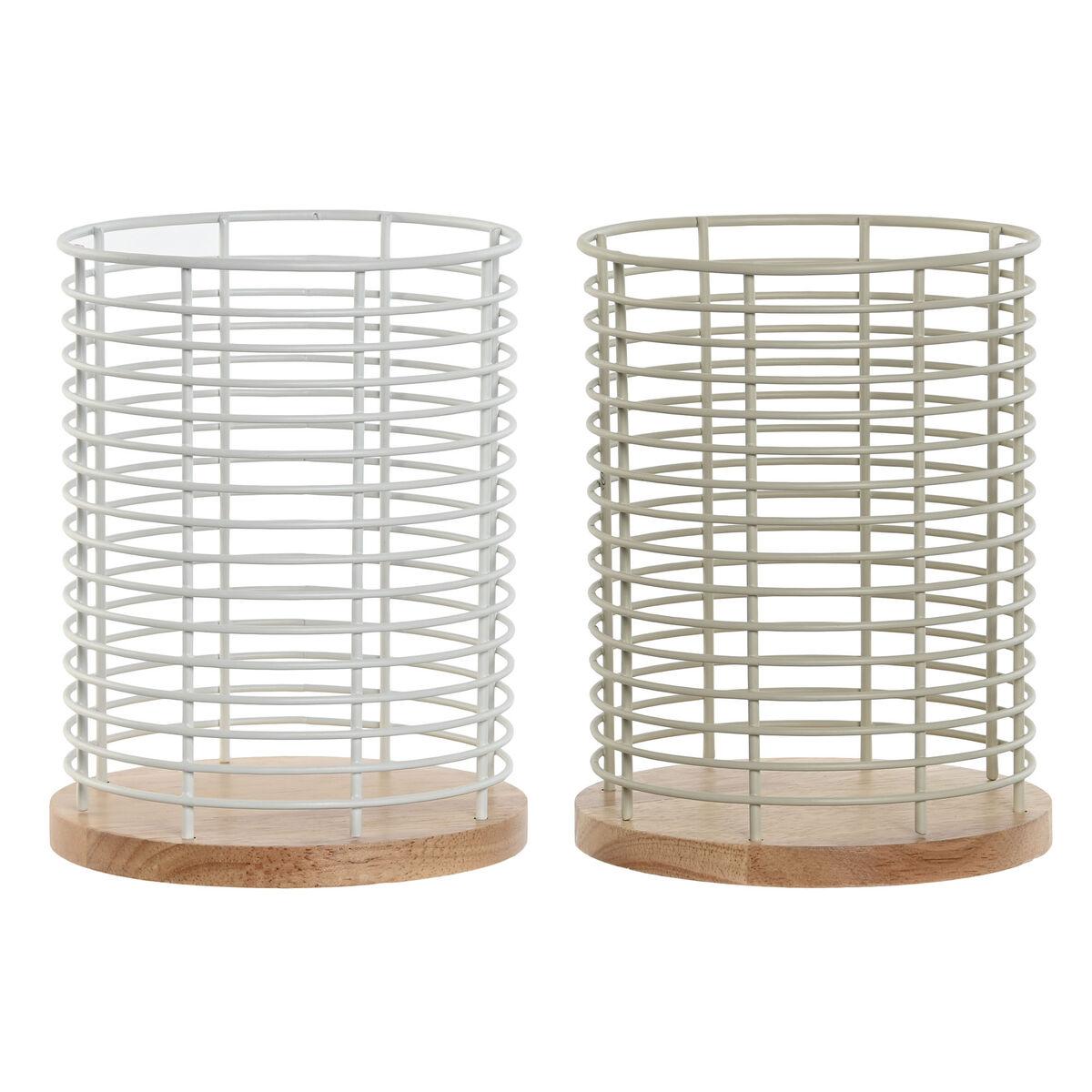 Bestikskurv Home ESPRIT Beige Grå Natur Metal Gummitræ 13,5 x 13,5 x 17 cm (2 enheder)