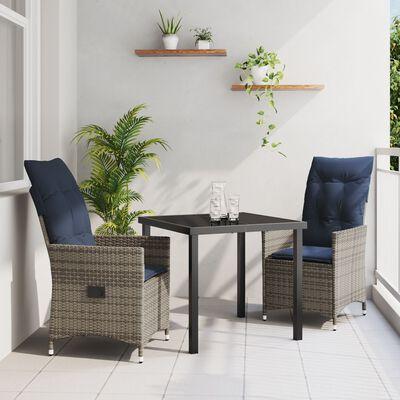 Havebord- og stolesæt med puder, 3 dele - grå PE rattan, hærdet glas