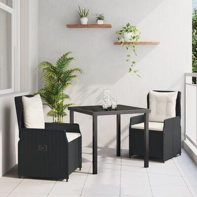 3 Delt Have Spisestel Brun Poly Rattan, Havebord Sort 80x80x73 cm Tempereret glas