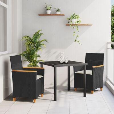 Have spisebordssæt i sort polyrattan - 3 dele med glasbord og hynder