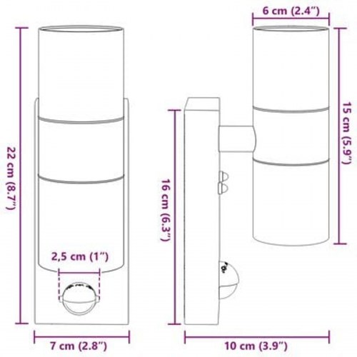 Udendørs Væglamper med Sensor, 2 stk, Sort rustfrit stål, IP44