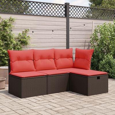Haveskammel med hynde og opbevaring, brun/rød 55 × 55 × 37 cm - polyrattan