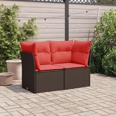 Havesofa med hynder 2-personers brun polyrattan