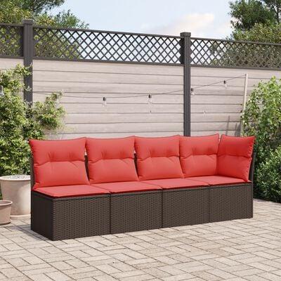 Havesofa med hynder 4-personers brun polyrattan