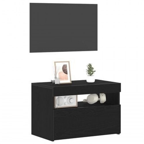 Sengebord med LED lys sort egetræ 60x35x40 cm konstrueret træ